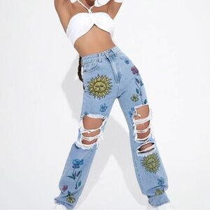SHEIN Printed Straight Leg Distressed Blue Jeans - Suns & Flowers